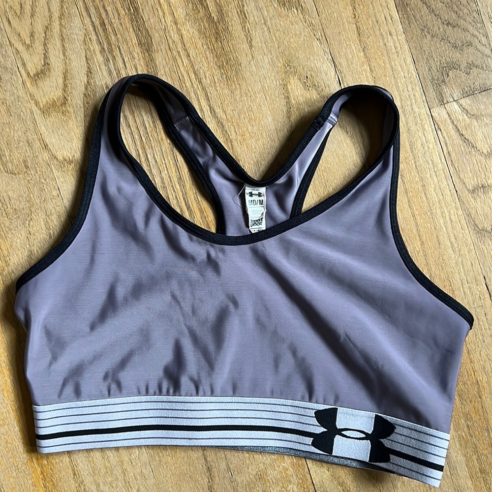 Woman’s under armor, sports bra, size medium grey black